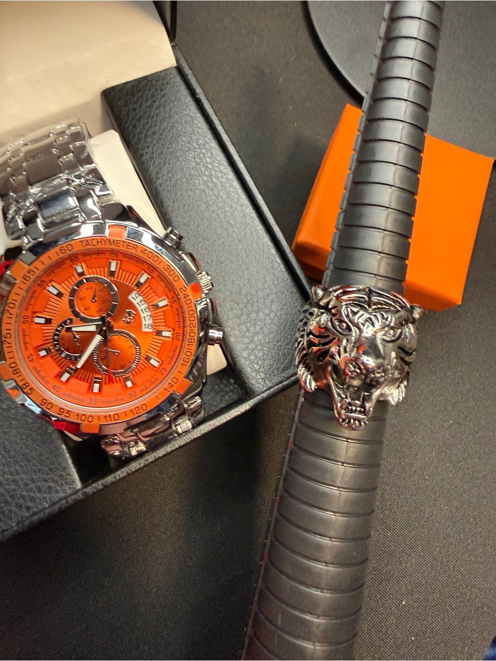 Bold Orange Dial Chronograph Watch with Stainless Steel Tiger Ring
